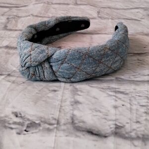Lele Sadoughi Quilted Knotted Headband in Light Blue with Gold Stitching